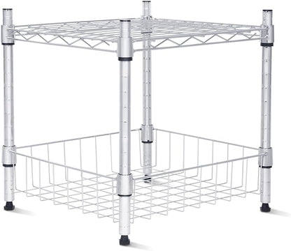 Whitmor 2 Tier Metal Storage Shelves, Heavy Duty Shelf with Basket, 350 lbs Capacity per Shelf, 700 lbs Total, Home Organizer for Kitchen, Garage, Bathroom, 15" L x 14" W x 15" H, Chrome