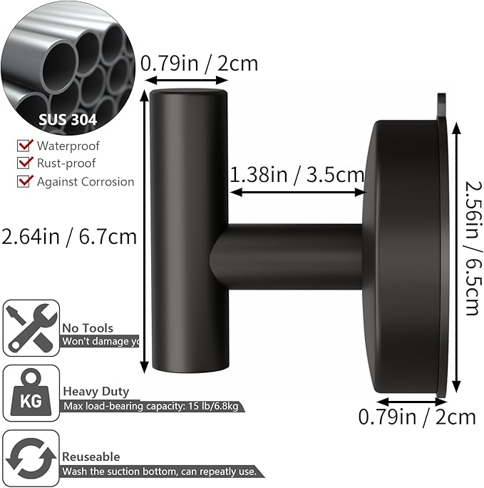 DGYB Large Suction Cup Hooks for Shower Set of 2 Black Towel Hooks for Bathrooms Stainless Steel Suction Hooks for Inside Shower 15 Lb Removable Wall Hook for Hanging Heavy Duty