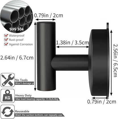 DGYB Large Suction Cup Hooks for Shower Set of 2 Black Towel Hooks for Bathrooms Stainless Steel Suction Hooks for Inside Shower 15 Lb Removable Wall Hook for Hanging Heavy Duty
