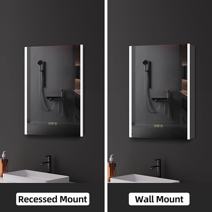Medicine Cabinet with LED Lights and Mirror, 16 x 24 Inch Surface or Recessed Mounted Bathroom Cabinet with Door, Defogger, Memory Function, 3-Color Mode, Outlet&USB, Dimmer, Storage Shelf