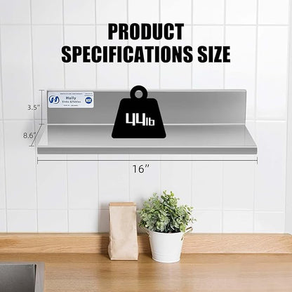 HALLY Stainless Steel Wall Shelf 8.6 x 16 Inches 44 lb, NSF Commercial Heavy Duty Wall Mount Floating Shelving for Restaurant, Kitchen, Home, Hotel and Bar, 2 Pack