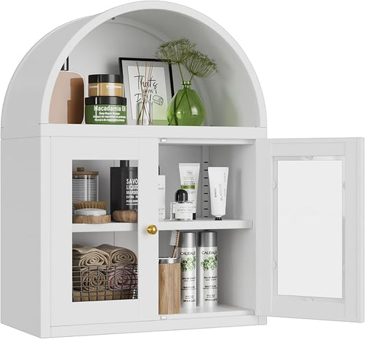 Arched Wall Cabinet, Bathroom Wall Mounted Cabinet with Glass Display Doors, Adjustable Shelves for Bathroom, Living Room, Dining Room, Laundry, Kitchen