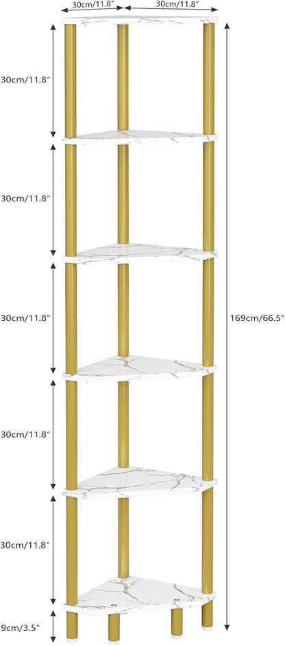 6 Tier Corner Shelf, 66.5'' Tall Standing Shelf, Narrow Display Shelf Stand, Modern Corner Bookshelf, Plant Stand, Corner Bookcase for Living Room, Bedroom, Bathroom, Gold and White LCS502GC