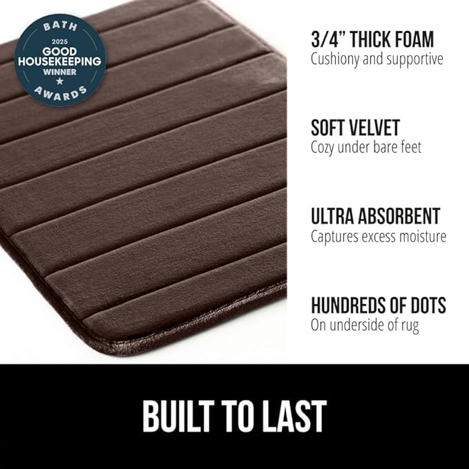 GORILLA GRIP Memory Foam Bath Mat, Soft Absorbent US Designed Bathroom Rug, Gripping Dots Machine Washable Bathmat, Cushioned Floor Mats, Shower Sink Rugs Room Décor Accessories, 24x17 Brown