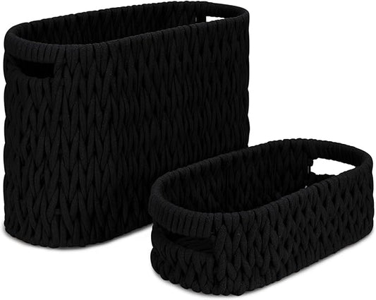 Boho Toilet Paper Storage Baskets, Cotton Rope Woven Bathroom Basket Set of 2, Standing Toilet Paper Holder for 6 Mega Rolls,Storage Bins for Toilet Tank Top, Bathroom Organizer Decor (Black 2 Pack)