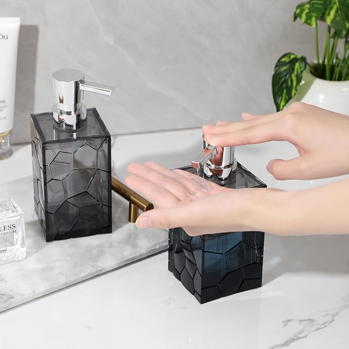 Hand Soap Dispenser, Clear Acrylic Plastic Liquid Pump Bottles Refillable Lotion Dispenser for Bathroom Decor Kitchen College Dorm, Grey 2 Pack