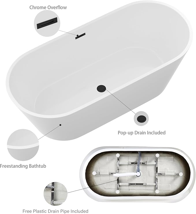 Logmey 67 Inch White Acrylic Freestanding Bathtub Oval Shape Soaking Tub with Black Drain & Overflow Assembly for Classic and Modern Bathrooms