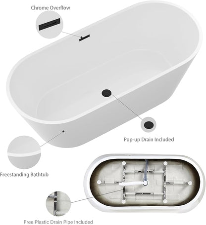 Logmey 67 Inch White Acrylic Freestanding Bathtub Oval Shape Soaking Tub with Black Drain & Overflow Assembly for Classic and Modern Bathrooms
