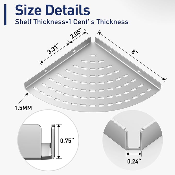 2 Pack Corner Shower Shelves 304 Stainless Steel Shower Corner Shelf Brushed Nickel Bathroom 8 in Prevent Rust Drilling Installation