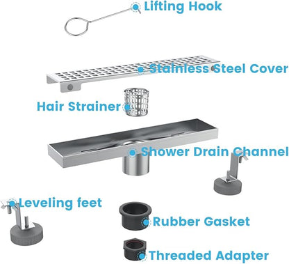 12 Inch Rectangular Shower Floor Drain, Brushed Nickel High Flow Shower Drain Kit with Flange with Hair Filter, Removable Grate Cover, 304 Stainless Steel, Abs Fixing Tray (Brushed)