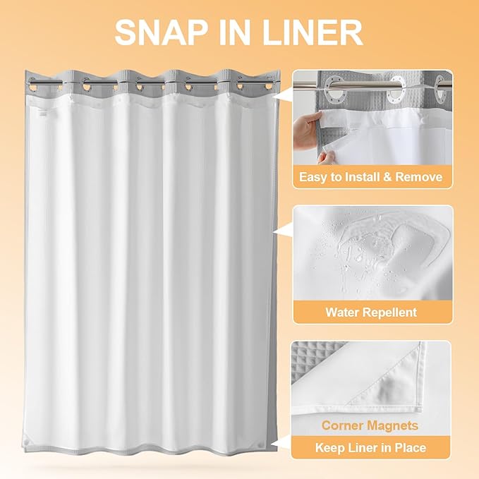 River Dream Extra Long No Hook Shower Curtain with Snap in Liner, Cotton Blend Shower Curtains for Bathroom, Hotel Grade, Water Repellent, Grey, 71" Wx86 L