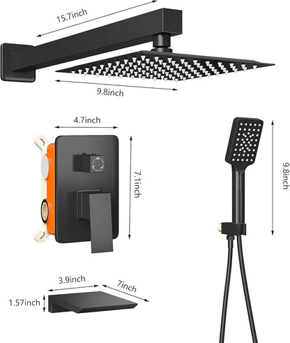 Shower Faucet Set Complete Matte Black Shower System with 10 inch Square Rainfall Shower Head 3-Function Handheld Shower Waterfall Bathtub Spout Rain Shower Combo Set Bathroom Wall Mounted