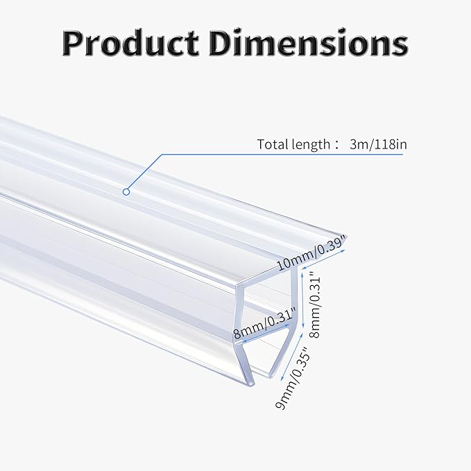 Shower Door Side Seal Strip,118 Inch Corner-Type Frameless Shower Door Seal, Corner-Type Shower Door Sweep for 5/16"(8mm) Thick Glass