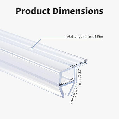 Shower Door Side Seal Strip,118 Inch Corner-Type Frameless Shower Door Seal, Corner-Type Shower Door Sweep for 5/16"(8mm) Thick Glass