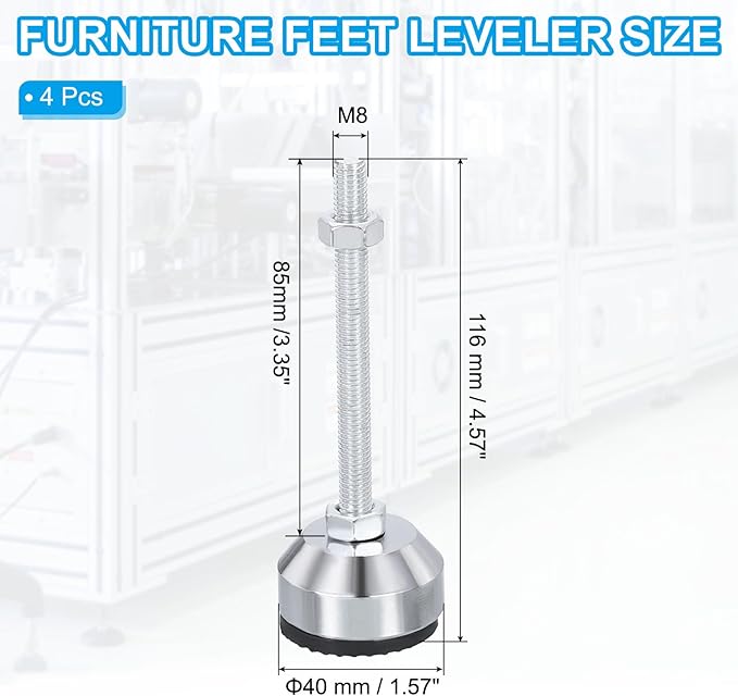 PATIKIL Furniture Leveling Feet 1.6" Dia Base M8 Thread, 4 Pcs Carbon Steel Adjustable Threaded Furniture Leveler Screw on Leg Leveler with Pads for Desk Chair, Black