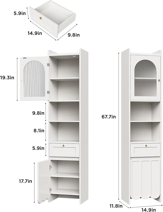 Maupvit 68” Tall Slim Bathroom Storage Cabinet, Narrow Cabinet with Drawer and Fluted Glass Door, Wave-Like Panel, 3-Tier Adjustable Shelves, 14.9" Wide for Small Space, 8 Compartments, White