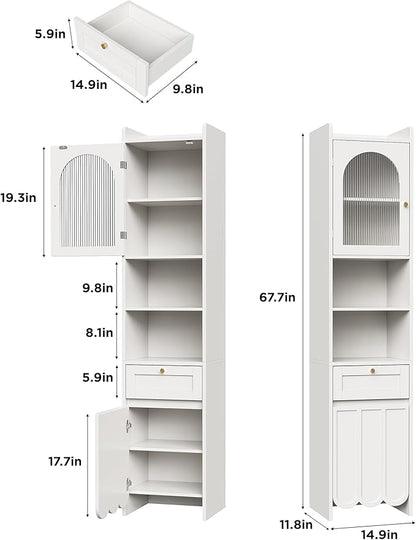 Maupvit 68” Tall Slim Bathroom Storage Cabinet, Narrow Cabinet with Drawer and Fluted Glass Door, Wave-Like Panel, 3-Tier Adjustable Shelves, 14.9" Wide for Small Space, 8 Compartments, White