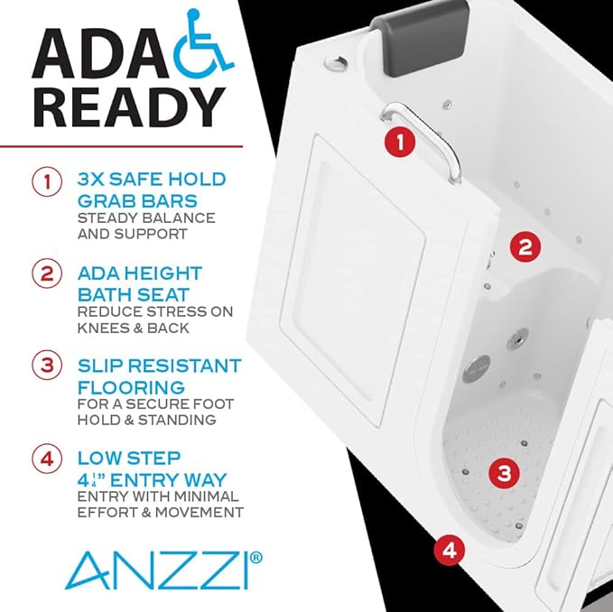ANZZI Walk In Tub 53" x 27" Left-Drain Bathtub, Air & Whirlpool Massage Jets, Quick Fill with 6‑Setting Handheld Shower, Aromatherapy, Bath Pillow, LED Light | 2753FLWL