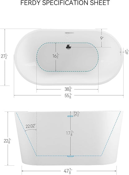 FerdY Luzon 55" Acrylic Freestanding Bathtub, Classic Oval Shape Soaking Bathtub with Toe-Tap Chrome Drain and Classic Slotted Overflow Included, Modern White, cUPC Certified