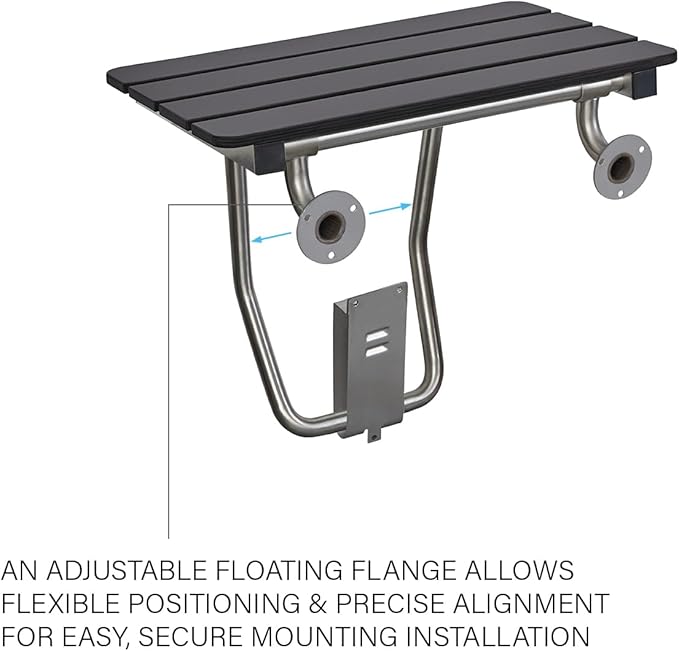 24-inch x 15-inch ADA Folding Wall Mount Bathroom Shower Seat Bench, Black Slatted Phenolic Seat
