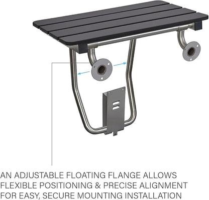 18-inch x 15-inch ADA Folding Wall Mount Bathroom Shower Seat Bench, Black Slatted Phenolic Seat
