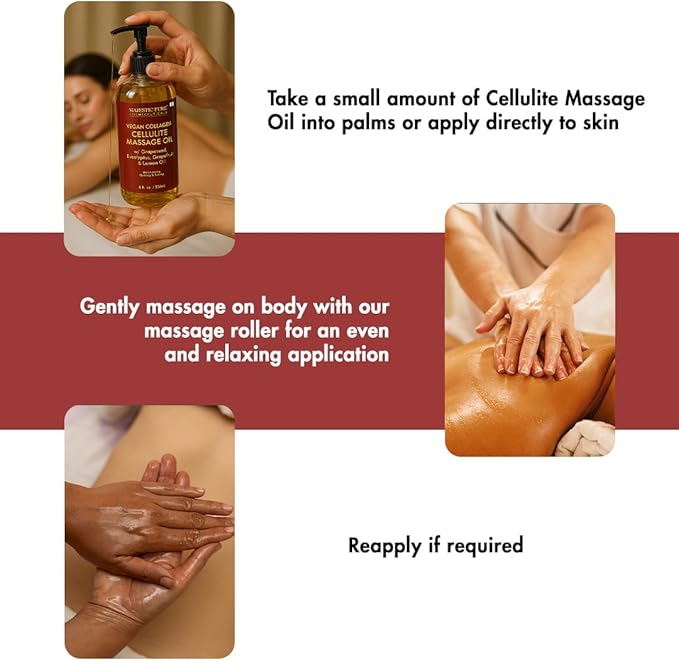 Majestic Pure Firming Body Massage Oil with Collagen – Helps Smooth The Appearance of Cellulite & Improve Skin Texture – Refreshing Aromatherapy Body Oil for Legs & Full Body – 8 Fl Oz, with Roller