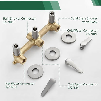 3 Handle Shower Faucet Set Shower System with Tub Spout Bathtub Faucet Set Shower Head Combo Set Complete Tub and Shower Faucet Combo Shower Fixtures Trim Kit Brushed Nickel