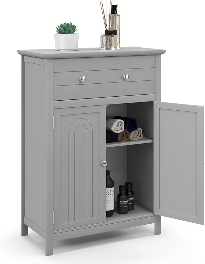 LOKO Bathroom Floor Cabinet, Kitchen Storage Cabinet with 1 Drawer, 2 Doors & 3-Position Adjustable Shelf, 2-Door Floor Storage Cabinet for Bathroom, Living Room, Entryway (Grey)