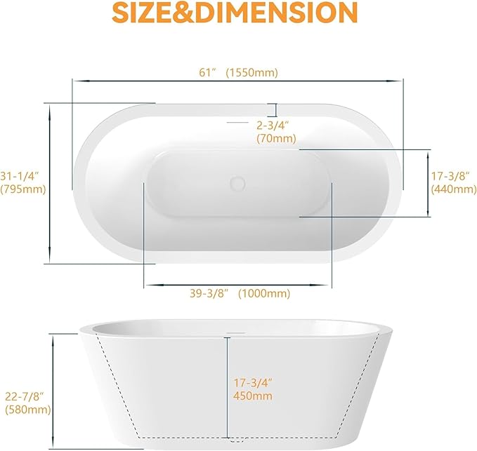 61" Freestanding Bathtubs, Acrylic Soaking Tubs for Adult, Integrated Overflow and Drain, cUPC Certified, Glossy White