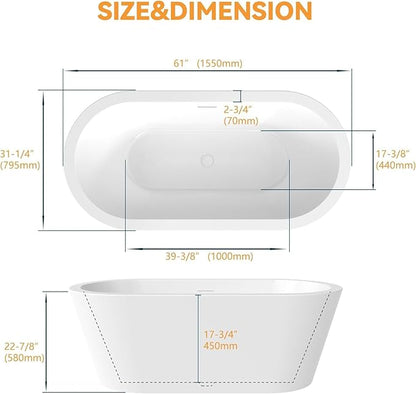 61" Freestanding Bathtubs, Acrylic Soaking Tubs for Adult, Integrated Overflow and Drain, cUPC Certified, Glossy White