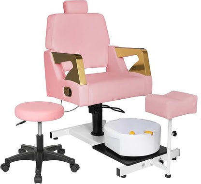 Reclining Pedicure Chair with Stool, Pedicure Station with Foot Massage Basin 360° Swivel Pedicure Chair Hydraulic Adjustable Height for Foot Spa Unit Station Pink