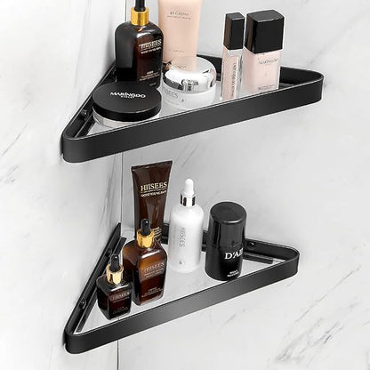 VOLPONE Bathroom Shelves Wall Mounted Glass Corner Shower Shelf for Bathroom Floating Shelf Tempered Glass Wall Organizer 2-Tier(Black)