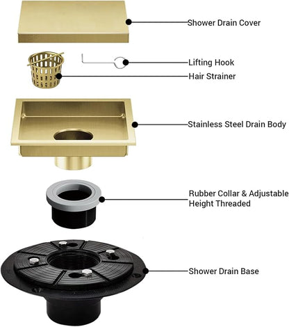 4 Inch Square Shower Floor Drain, Shower Drain Kit with Flange and 2 in 1 Tile-Insert Cover, Square Shower Drain, SUS 304 Stainless Steel Floor Drain,Brushed Gold