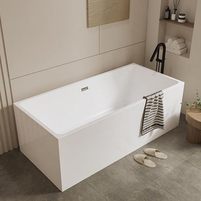 59" Acrylic Freestanding Bathtub - Modern Rectangular Soaking Tub, Glossy White Finish, Chrome Linear Overflow & Drain Kit, CUPC Certified