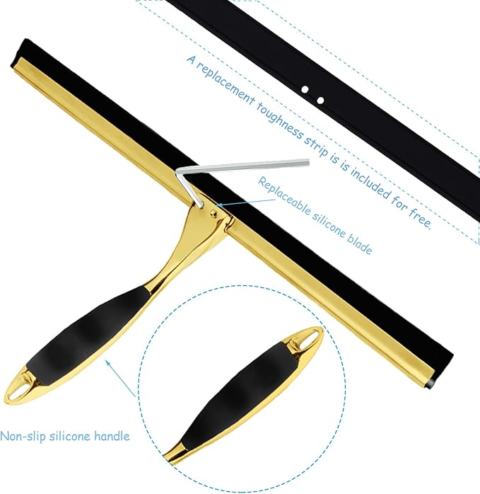 Shower Squeegee for Glass Doors, 12 Inches Bathroom Squeegee with Spare Silicone Blade, Shower Door Hook and Adhesive Hook, Stainless Steel Bathroom Squeegee for Mirror Window (12in-Gold-1 Pack)