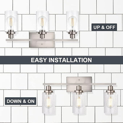 Bathroom Light Fixtures 3-Lights Seeded Glass in Brushed Nickel Finish, 23.6-Inches Vanity Lighting Bath Wall Mount Lamp for Kitchen Living Room Workshop