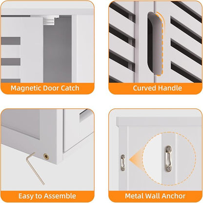 HITNET White Bathroom Cabinet Over Toilet, Bamboo Hanging Medicine Cabinet, Wall-Mounted Storage Organizer, Kitchen Cupboard with Double Doors and Adjustable Shelf