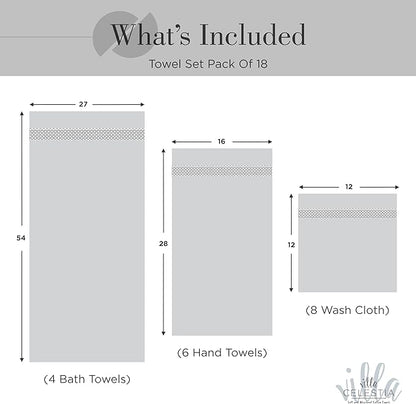 100% Cotton Bath Towel Set of 18-4 Bath Towels, 6 Hand Towels, 8 Wash Cloths, Sustainable, Soft, Highly Absorbent, Combed Cotton 18 Piece Set for Hotels, Spa, Bathroom, Dorm, Black