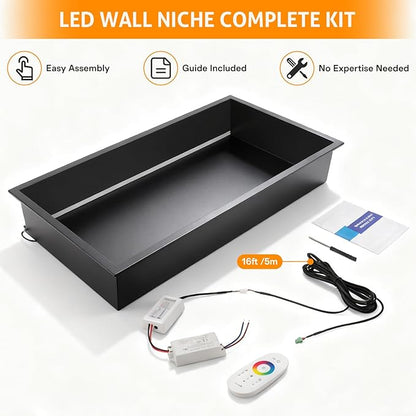 WICHEMI Stainless Steel Shower Niche 24" X 12", No Tile Needed Wall Niche with RGB Light, Recessed Shower Shelf for Bathroom Storage Over Mount Installation, Matte Black