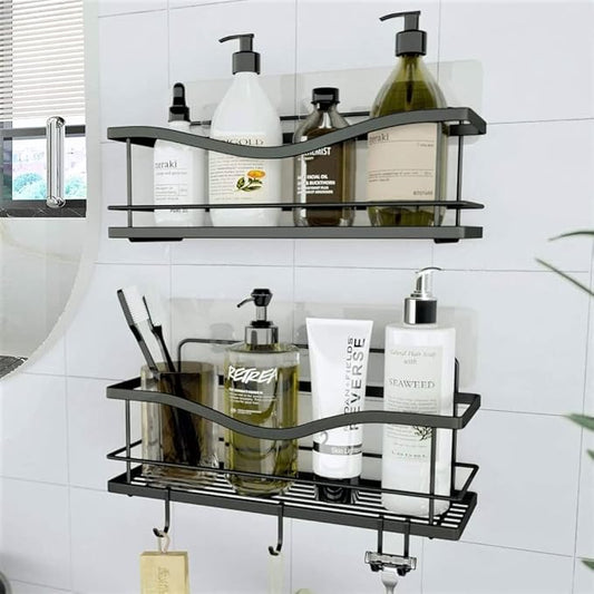 KINCMAX Premium Shower Caddy, Self Adhesive Shower Organizer w/ 4 Hooks, No Drill Shelves for Inside Shower, Rustproof Stainless Steel Shower Rack for Bathroom, Matte Black
