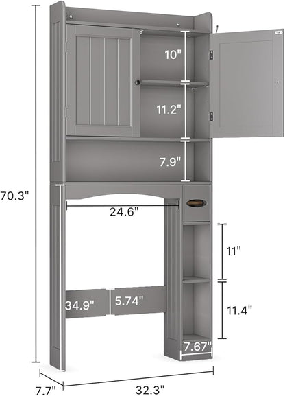 Ahomly Over The Toilet Storage Cabinet, 32.3" W Over Toilet Bathroom Organizer with Doors, Adjustable Shelves, Toilet Paper Holder, 2 Side Hooks, Space-Saver for Bathroom, Laundry, Grey
