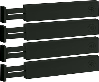 4 Pack Drawer Divider - Bamboo 2.6" High, 12.5-17" Adjustable Drawer Organizers for Clothes, Expandable Dresser Separators in Bedroom, Bathroom, Kitchen, Office Organization and Storage (Black)