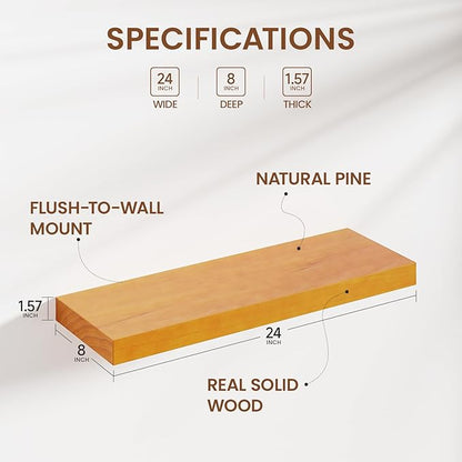 Heimlove 24 inch Floating Shelves for Wall,2 Packs Natural Pine Solid Wood Floating Shelves, 8 inches Deep Wooden Shelves for Kitchen Bedroom Office & Living Room Display Wall Decor
