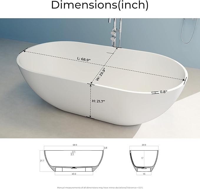 69" Premium Solid Surface Freestanding Bathtub, Oval Stone Resin Tub with Overflow and Pop-up Drain, Matte White