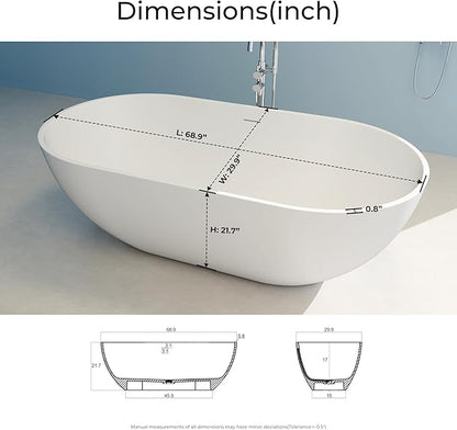 69" Premium Solid Surface Freestanding Bathtub, Oval Stone Resin Tub with Overflow and Pop-up Drain, Matte White