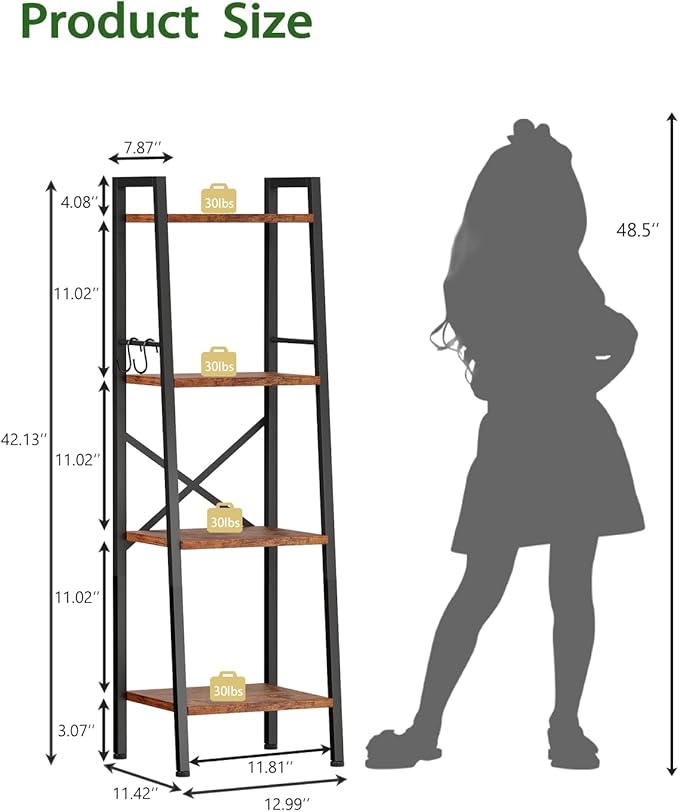 Furologee 4 Tier Ladder Bookshelf Narrow, Metal Wooden Ladder Shelf Bookcase with 2 Hooks, Small Rustic Brown Bookshelves Free Standing, Skinny Leaning Book Shelves for Bedroom Bathroom Living Room
