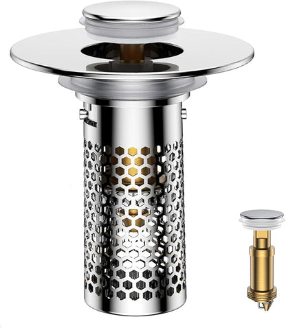 Bathroom Sink Drain Strainer,Pop-Up Sink Stopper Hair Catcher, Anti-Clog Stainless Steel Drain Filter Basket, Removable Sink Drain for Bathroom Sink Stopper Replacement (Silver-1)