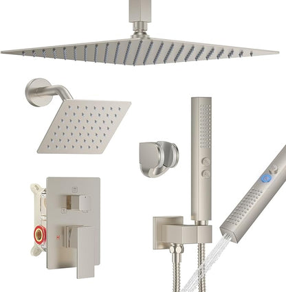 Rain Shower System Brushed Nickel Shower Faucet Set, Dual Rainfall Shower Head Set with 2 in 1 Handheld Spray, Ceiling Mount 12-inch & 6-inch Square Showerheads with Valve, Brushed Nickel