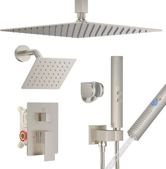 Rain Shower System Brushed Nickel Shower Faucet Set, Dual Rainfall Shower Head Set with 2 in 1 Handheld Spray, Ceiling Mount 12-inch & 6-inch Square Showerheads with Valve, Brushed Nickel