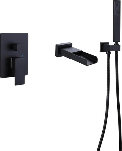 TapLong Matte Black Wall Mount Tub Filler Faucet Set with Hand Held Shower, Modern Bathtub Faucet with Waterfall Tub Spout Solid Brass Single Handle Shower Faucet Set with High Flow Rough in Valve